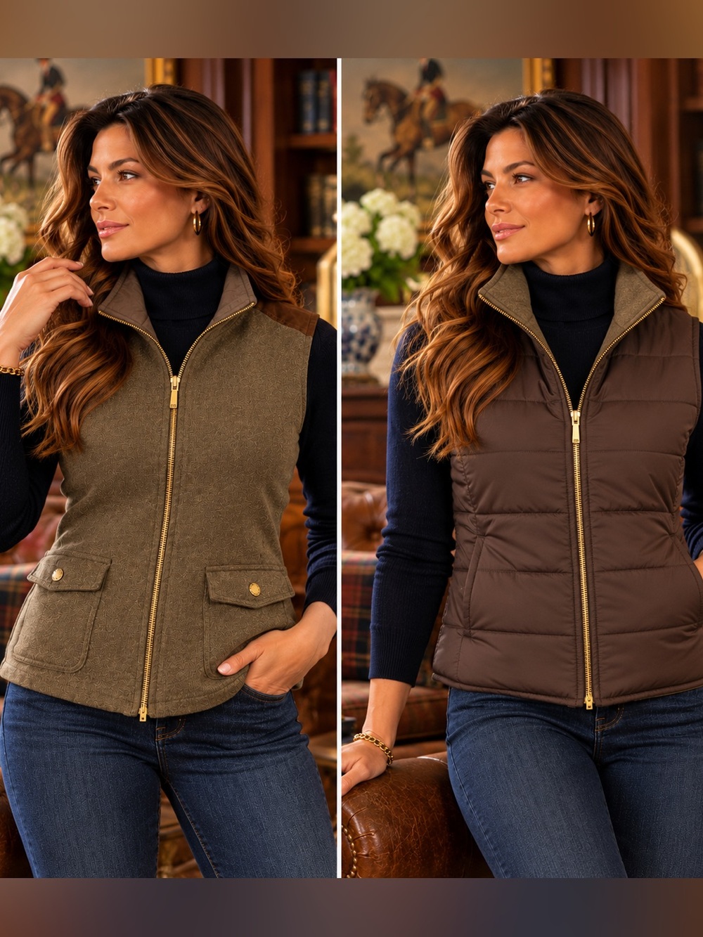 Lauren Ralph Lauren Reversible Quilted Vest Brown Equestrian Women's L Fall
